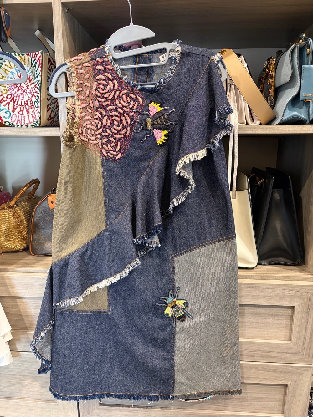 One-Shoulder Patchwork Denim Dress with Embroidered Bees - Blue